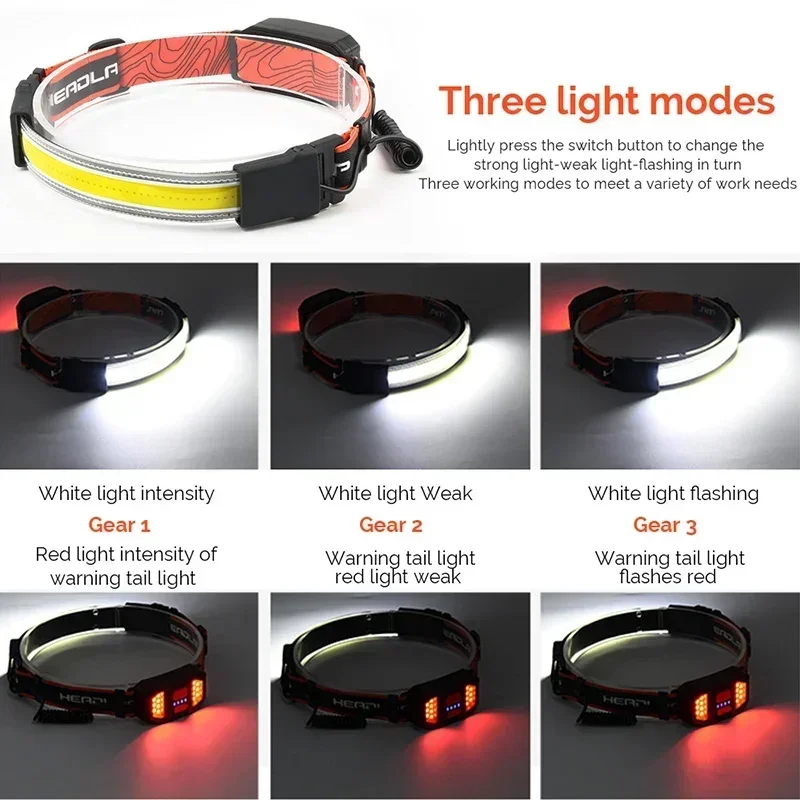 COB Bright Headlamp Rechargeable Outdoor Running Headlight Red Warning Light Outdoor Waterproof Emergency Work Lamp For Fishing