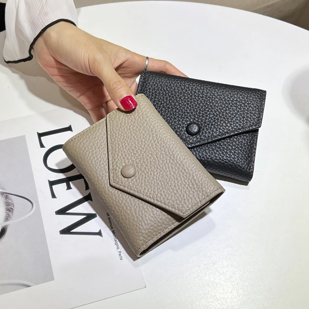 100% Genuine Leather Small Women Wallet Tifold Luxury Envelope Card Holder Purse Multipurpose Zip Coin Cowhide Short Lady Wallet