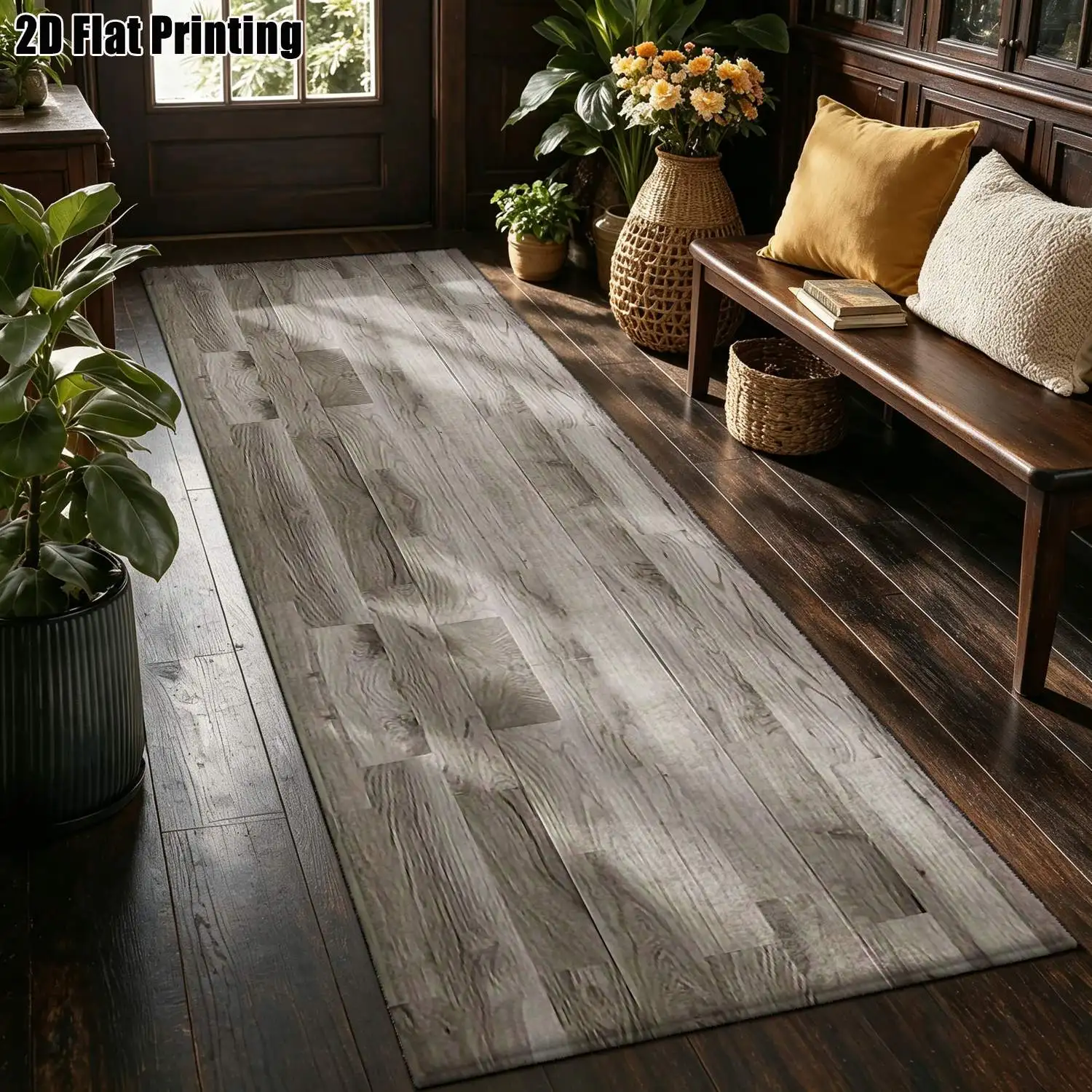 1Pc 2D Printed Strip-Shaped Runner Carpet: Light Gray Wood Grain, Nordic/Modern Minimalist/Vintage/Geometric Striped Styles Machine Washable, Multiple Sizes, Ideal for Entryway, Living Room, Bedroom, Kitchen Home Decor.