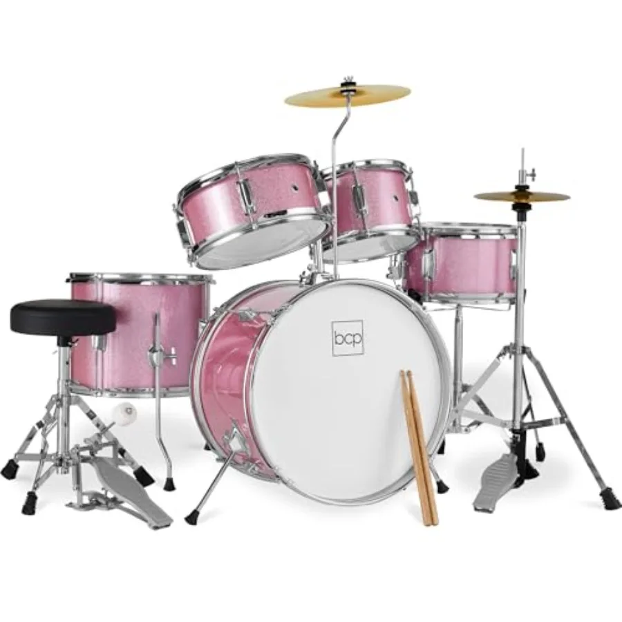 5-Piece Beginner Drum Set Junior Kit, Starter Percussion w/Cymbals, Pedal, Toms, Snare, Drumsticks, Stool