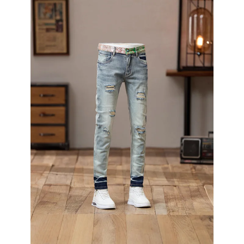 مخيط طباعة تصميم قسط العصرية الدنيم السراويل الرجال ممزق 2025 جديد الشارع الشهير الأمريكية خمر سليم صالح نحيل الجينز