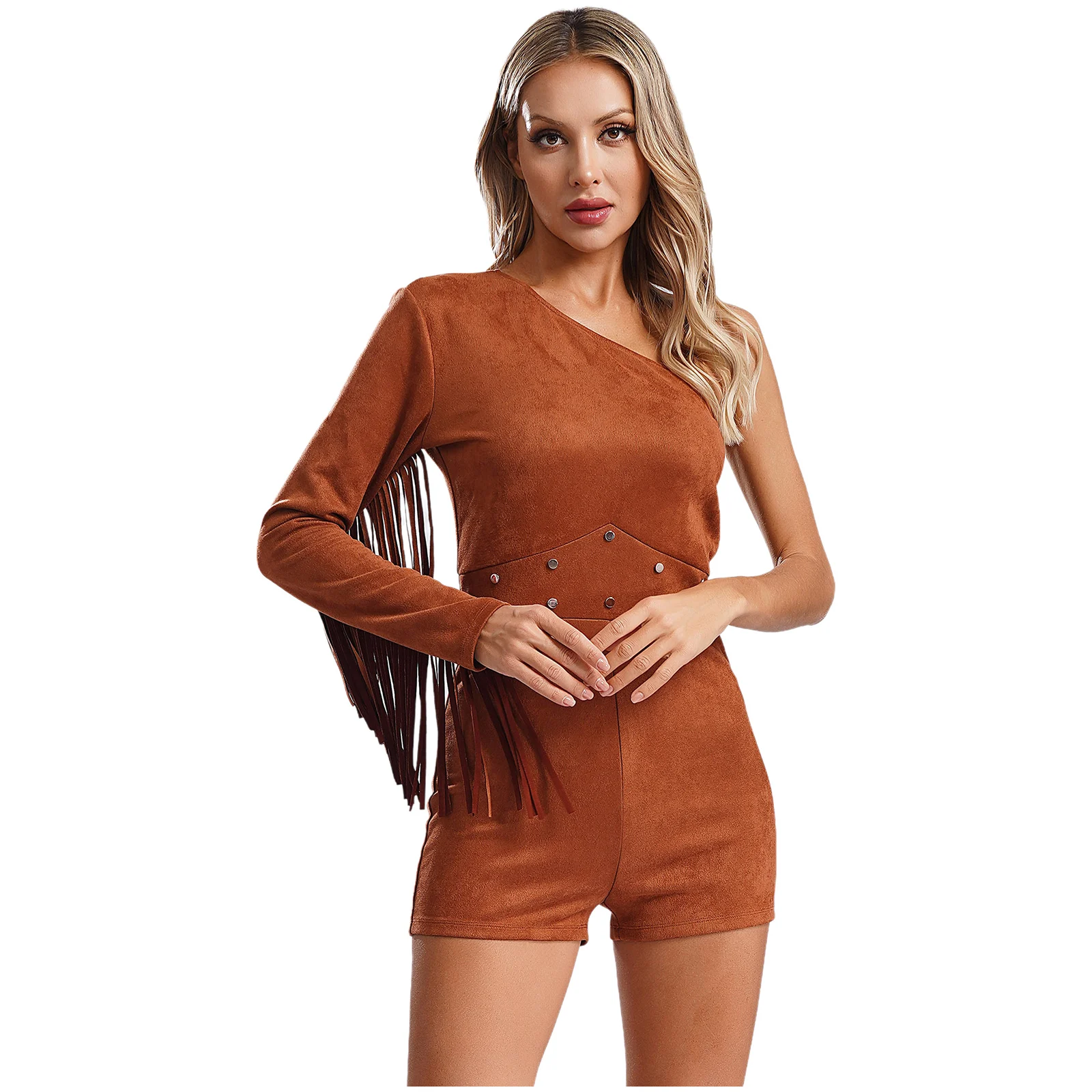 Women Suede Tribal Style Folk Bodysuit Cowgirls One Shoulder Long Sleeve Rivets Fringe Jumpsuit Short Romper Dress Up Costume