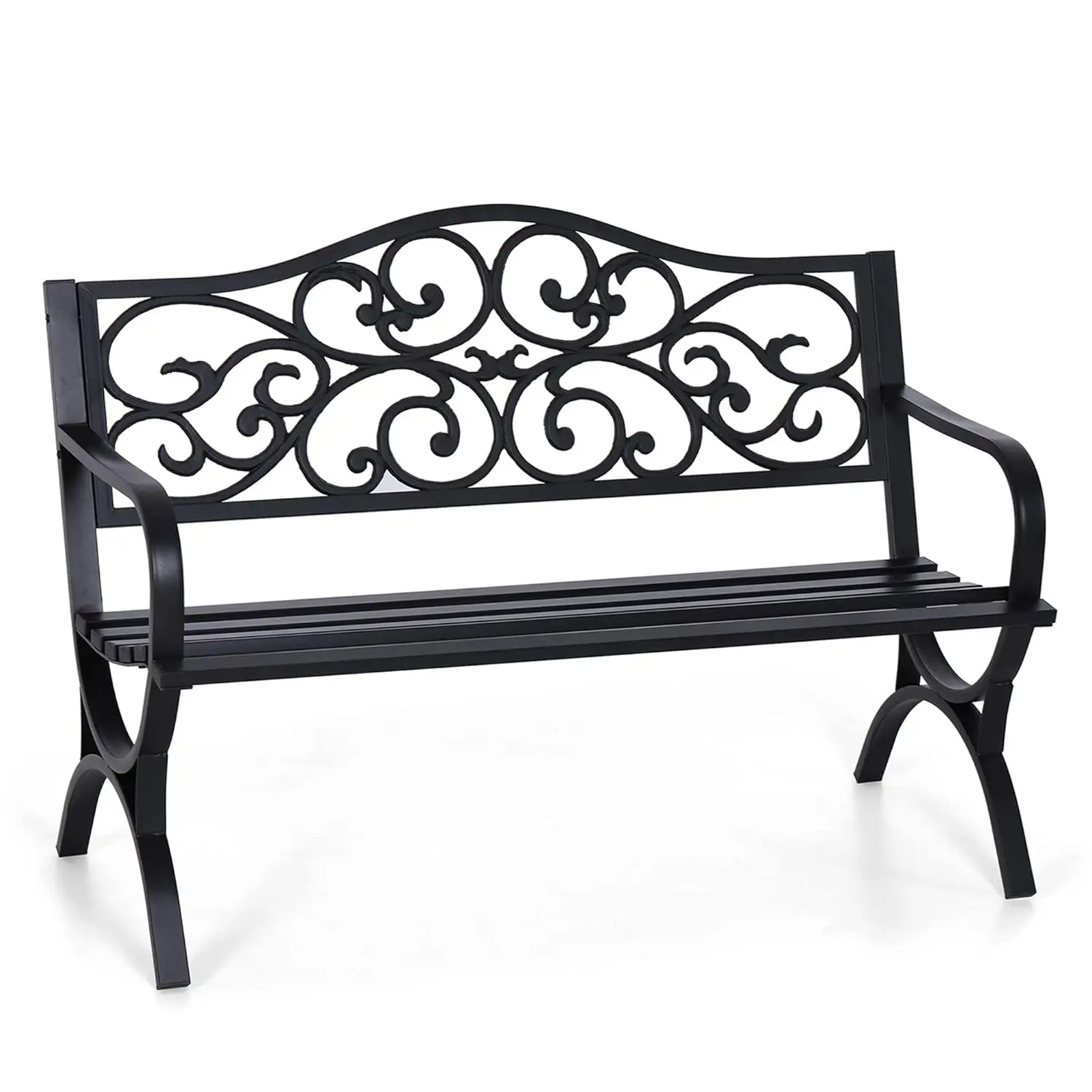 

50" Outdoor Garden Bench Park Cast Iron Metal Frame Floral Backrest Porch Yard Lawn Deck, Custom