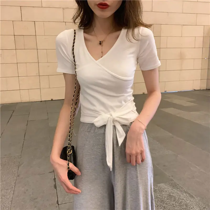 Women Monochromatic V-Neck Short Sleeve Tops, Casual Clothes, Elegant Fashion, Slim, All-match Tshirt, Simplicity, Sexy, Summer