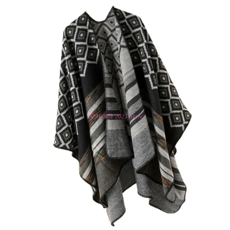 

49ME Pashmina Poncho Shawl for Women Ethnic Capes Shawl for Spring Autumn Vintage Geometric Pattern Shawl Shoulder Wrap Cloak