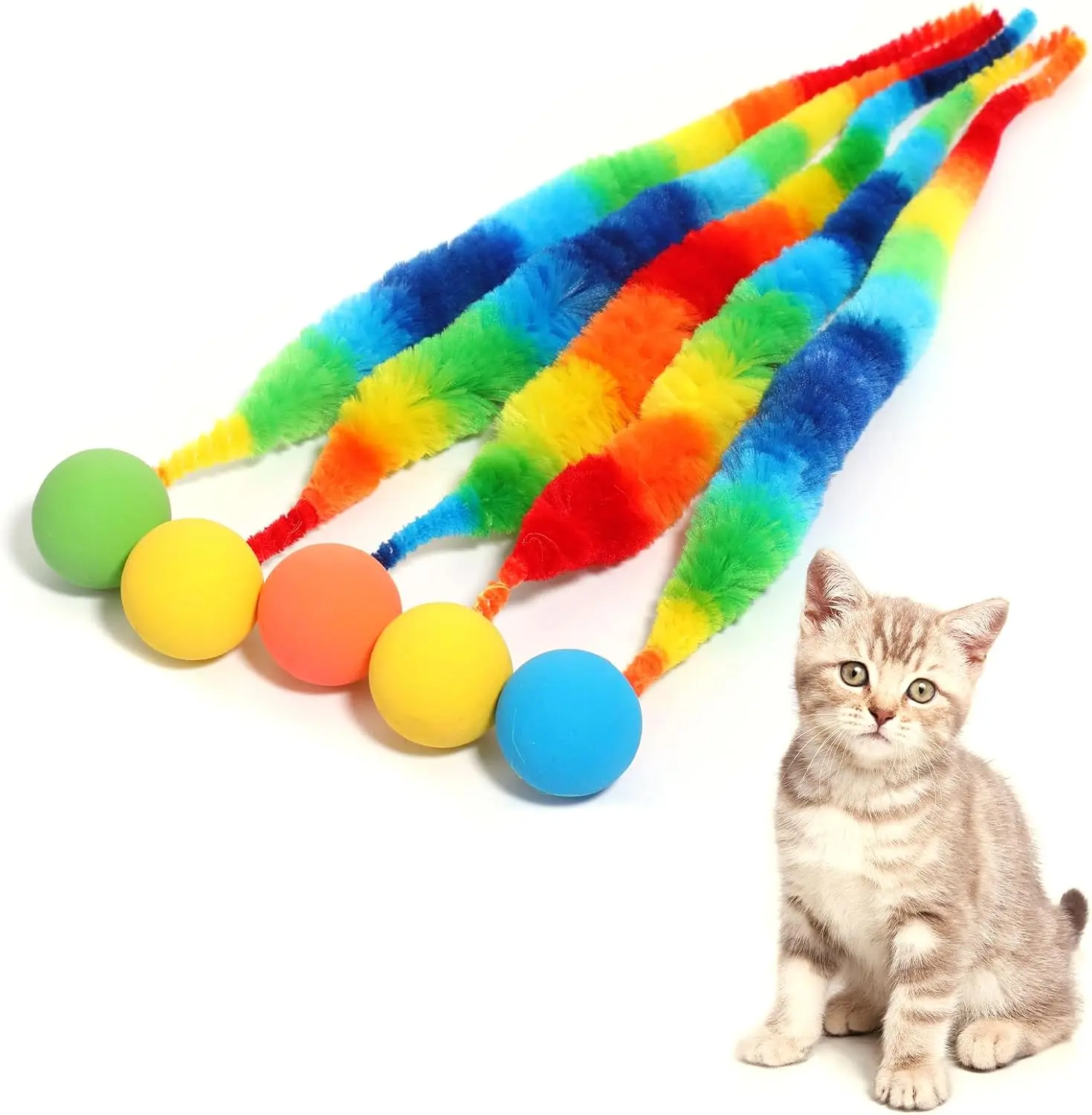 

6 Pcs Fuzzy Balls for Cats Bouncy Ball Colorful Fuzzy Bouncy Cat Balls Toy FuzzyWorms Pom Pom Cat Toys (Ball Colors are Random)