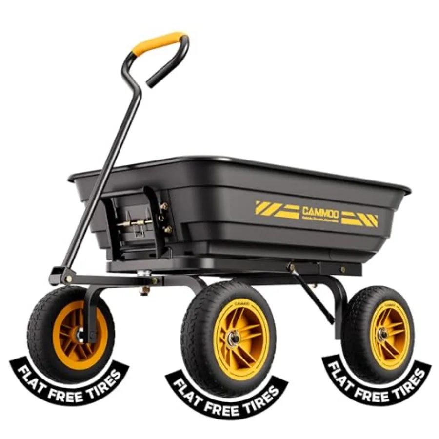 Garden dump cart with 10-in NO-Flat tires, 600lb capacity, 4 Cu.Ft. volume, black rubber wheels, puncture-proof for outdoor use