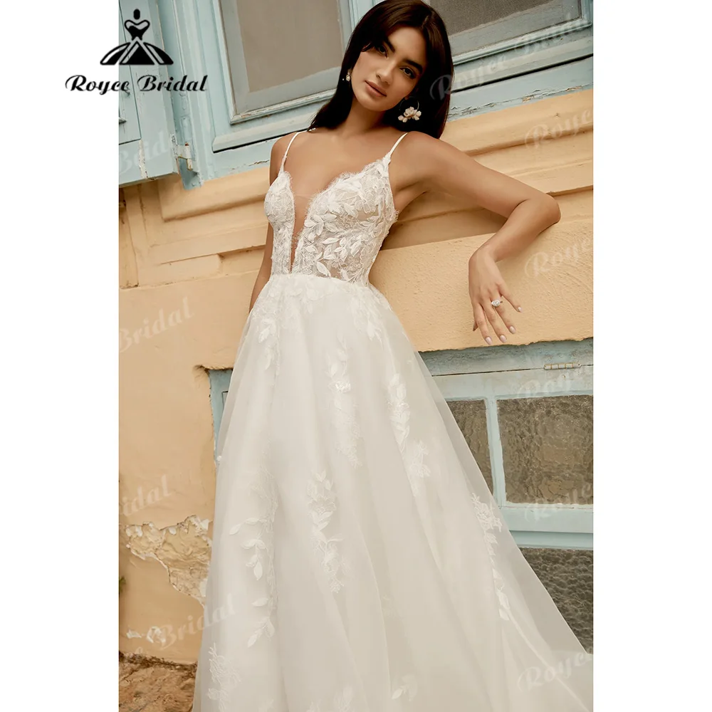 Roycebridal Thin Strap Leaf Lace A Line Wedding Dress Deep V Low Back Lace Applique Court Train Vestido De Novia Customized