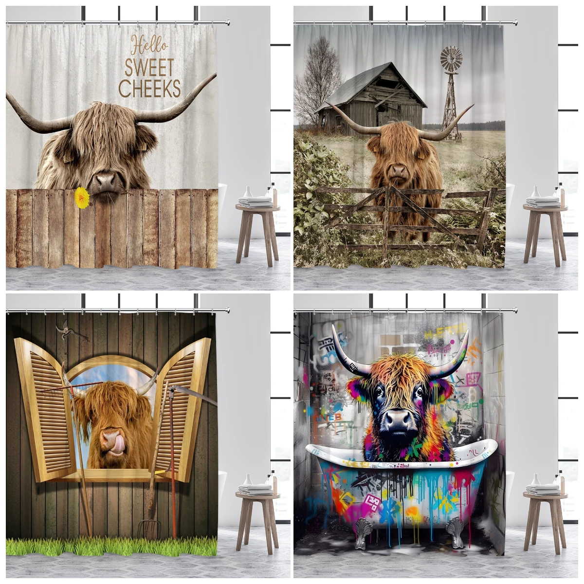 Highland Cow Shower Curtain Rustic Brown Cattle Funny Farm Animal Bath Curtains Polyester Fabric Bathroom Decor Set with Hooks