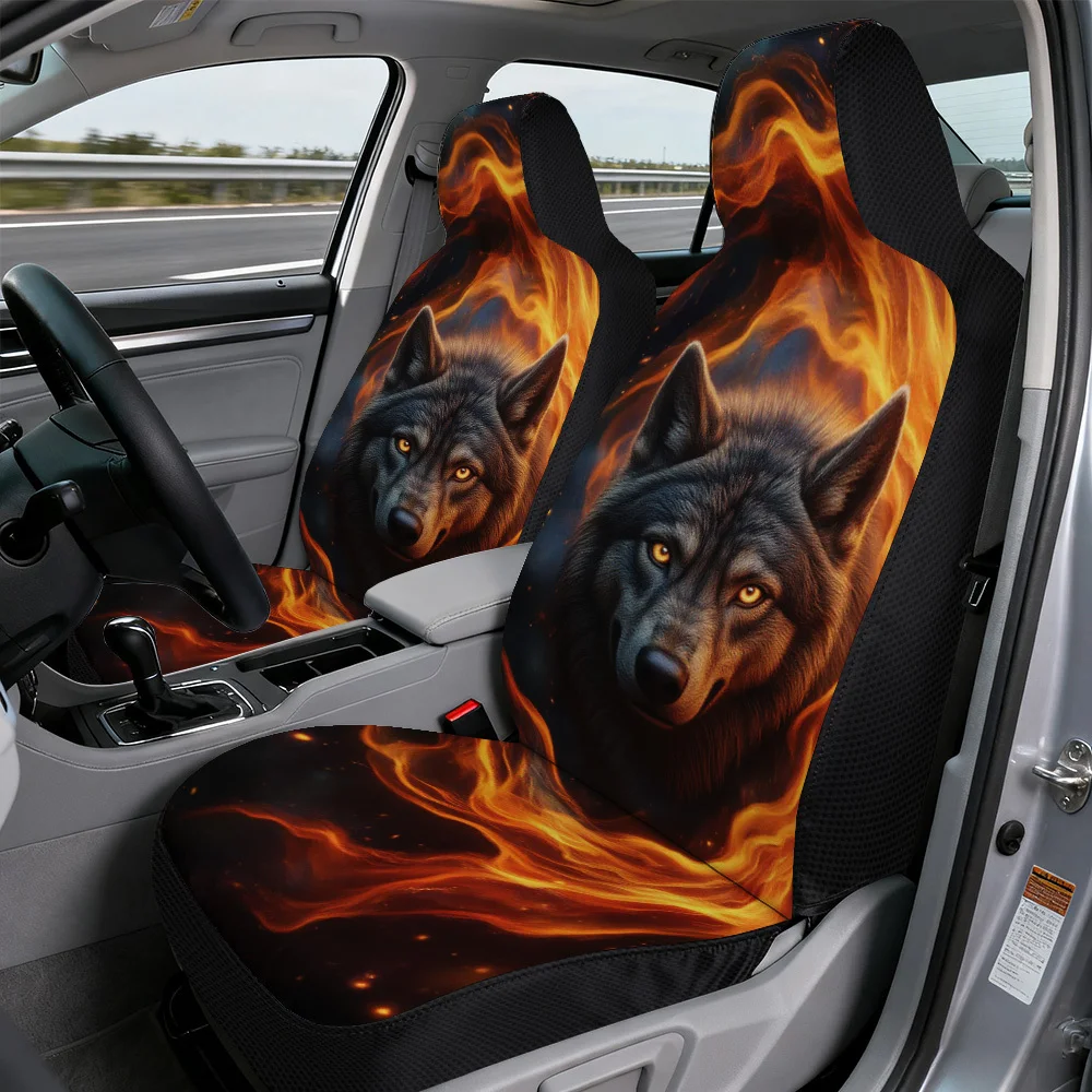 Flat 2D Printing, Set Of 2, Fiery Wolf Face Design Car Seat Covers, Soft And Long-Lasting, Fits Most Front Seats, Ideal For Dail