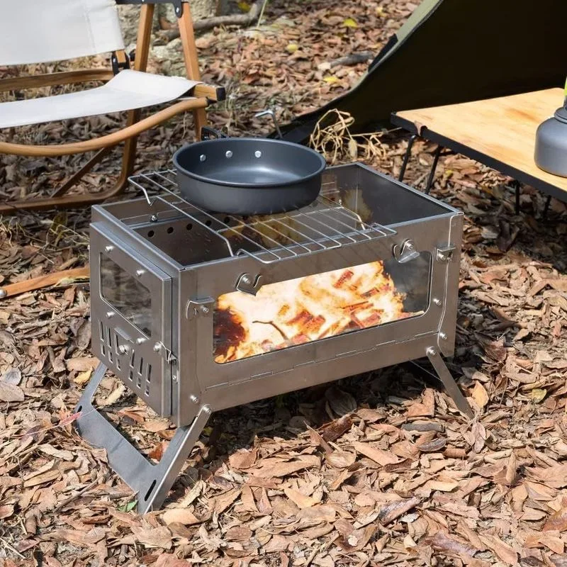 Camping Firewood Stove stainless steel Folding Portable Brazier Tent Wood Heater Furnace with Chimney Outdoor Ultralight Burner