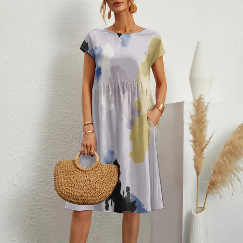 Abito estivo da donna casual stampato floreale quotidiano Moda manica corta girocollo Abiti larghi Boho Beach Swing Holiday Sundress