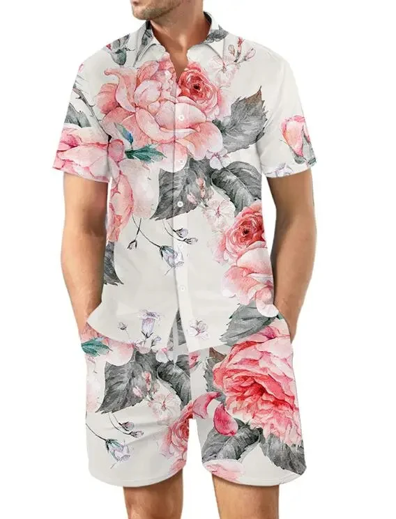 Flower print Hawaiian 2Pcs Set 3D leaf Print Shirt Sets Men Tracksuit Beach Short sleeve Daily Sportswear Shirt Set Two-pieces