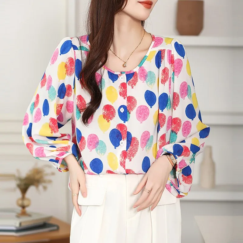 

Women Casual Chiffon Shirts New Arrival 2024 Spring Korean Style O-neck Print Lantern Sleeve Loose Ladies Elegant Tops W1509