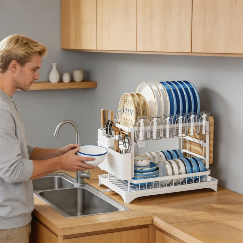

Kitchen Countertop Dish Drain Rack 1pc Double Layer Tableware Storage Rack with Chopsticks Cup Cutting Board Holder for Home Dai
