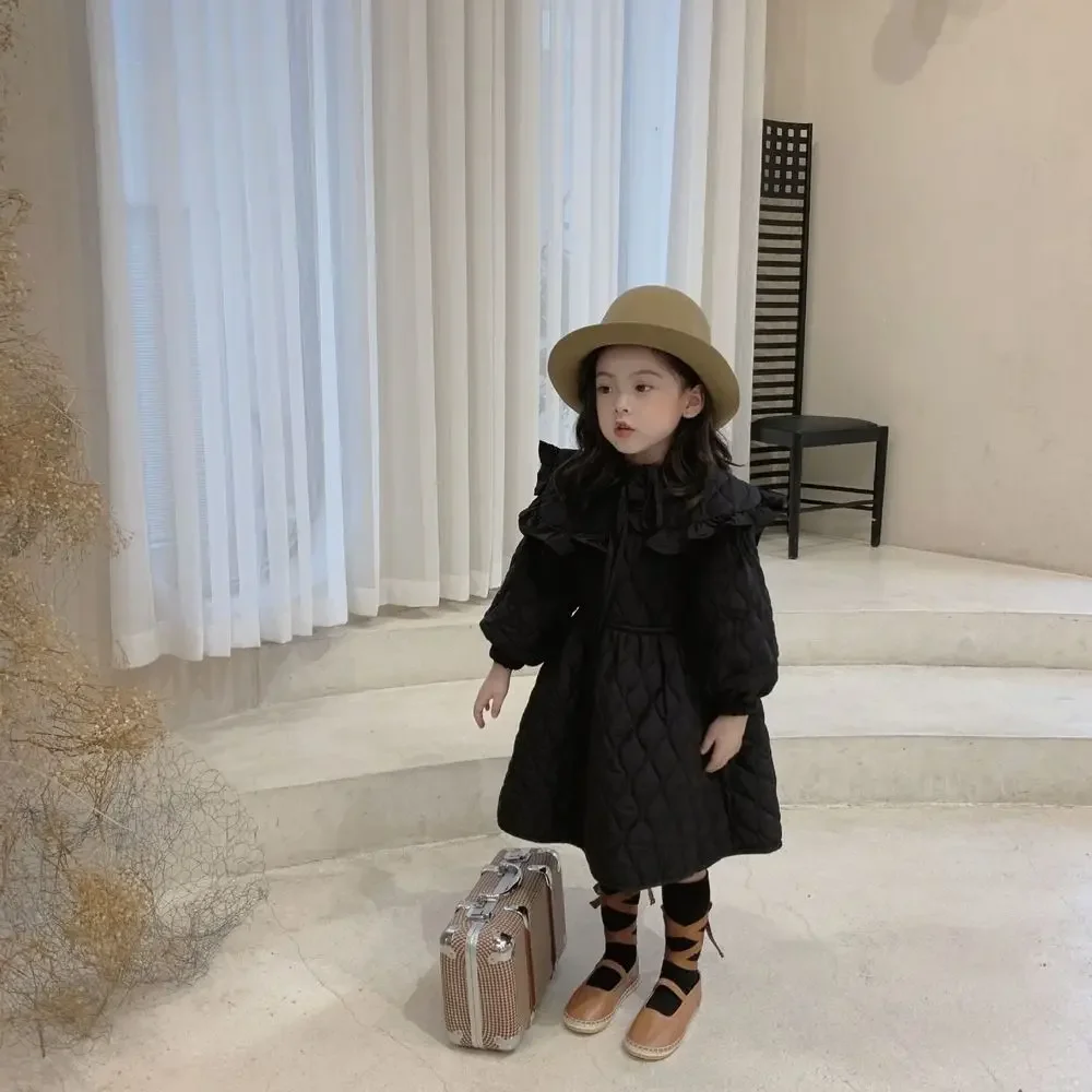 Girls Casual Dresses Korean Childrens Clothing Winter Season New Thickening Turn Dowm Collar Cotton Princess Style Soild Warm