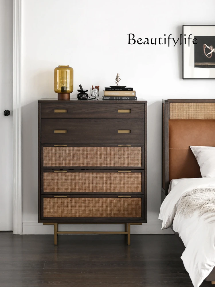 

Nordic Style Solid Wood Rattan Chest of Drawers American Retro Chest of Drawer Modern Light Luxury Living Room Storage Cabinet