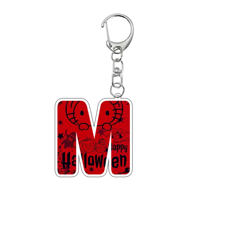 Kawaii Hello Kitty A-Z Letter Halloween Printed Acrylic Keychain Anime Cute Cartoon Students Keyring Jewelry Pendant Charm Gifts