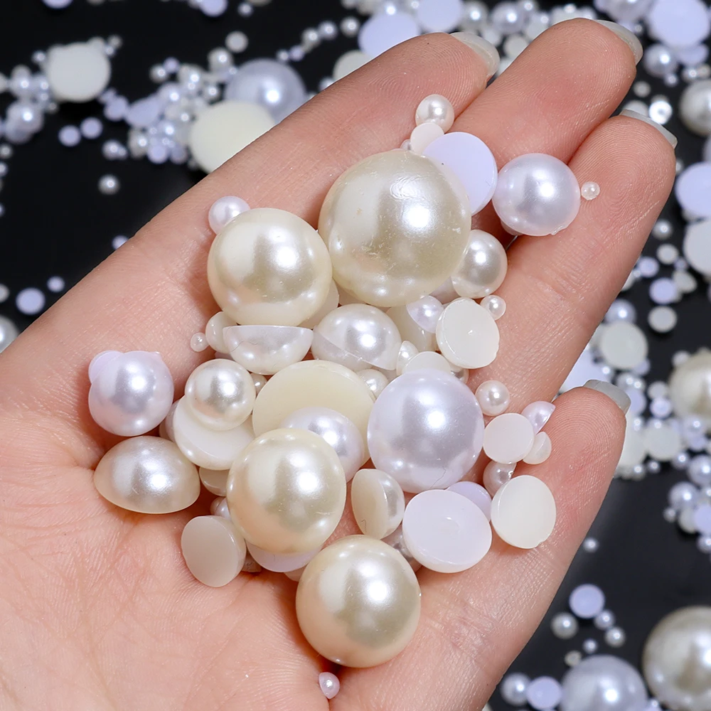 White Ivory Beige 2/3/4/5/6/8/10mm-25mm all sizes Imitation Pearl ABS Plastic Half Round Bead For Nail Art DIY Craft Garment