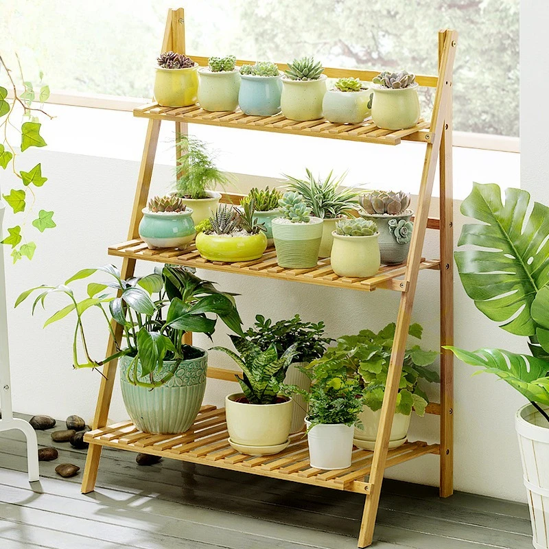 Foldable Bamboo Plant Stand Indoor Flower Shelf Portable Balcony Organizer Modern Living Room Decor Floor Display Rack
