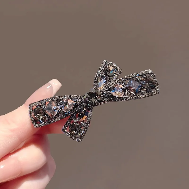 

Premium Hollow Dark Obsidian Rhinestone Side Fringe Clip Duckbill Style Bang Hair Pin for Women