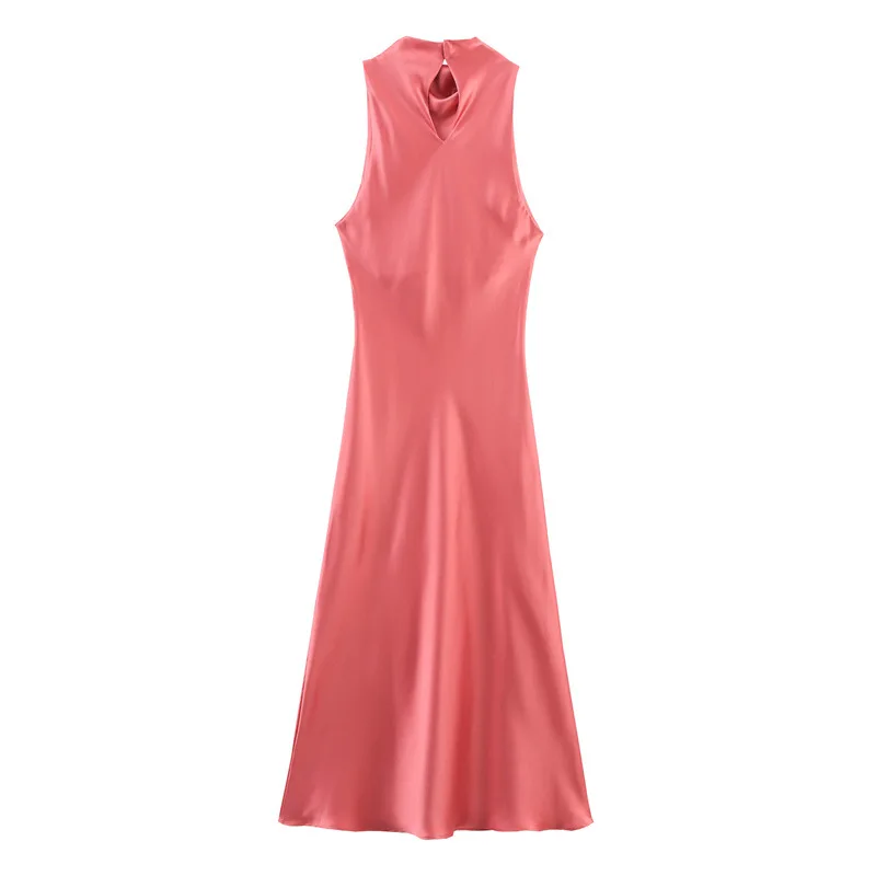 2025 Summer New Elegant Silk Texture Women Dress Simple Solid Color Female Sleeveless Long Dresses