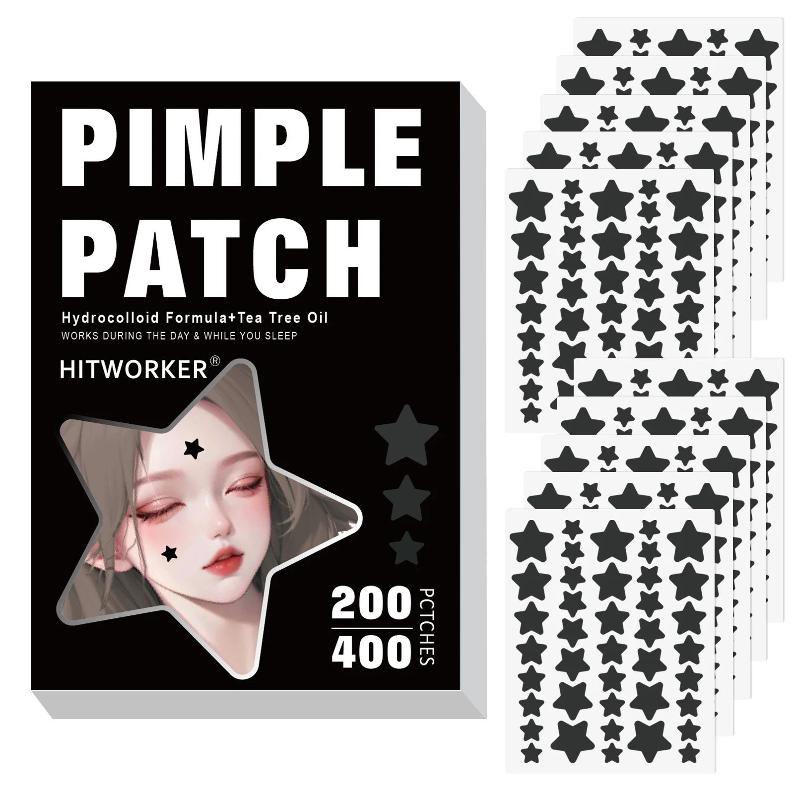 200/400pcs Professional Hydrocolloid Pimple Patches Black Star Design Effective Acne Removal Partyusable image 2
