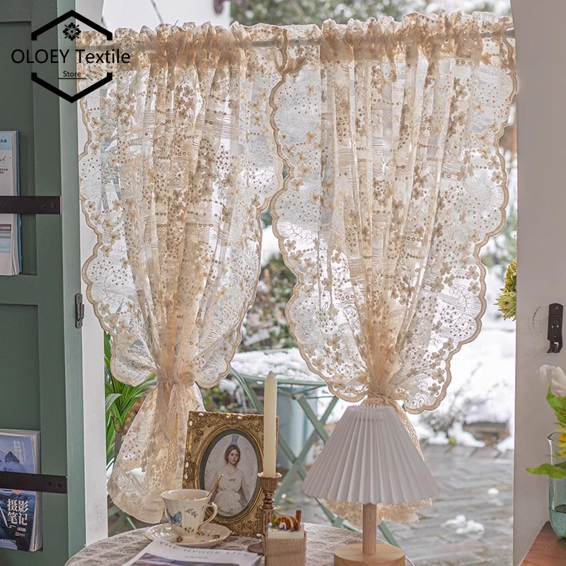 Korean Pastoral Cream Lace Embroidered Sheer Curtains for Small Window Bay Window Door No Drill Partition Drapes Custom Tulle