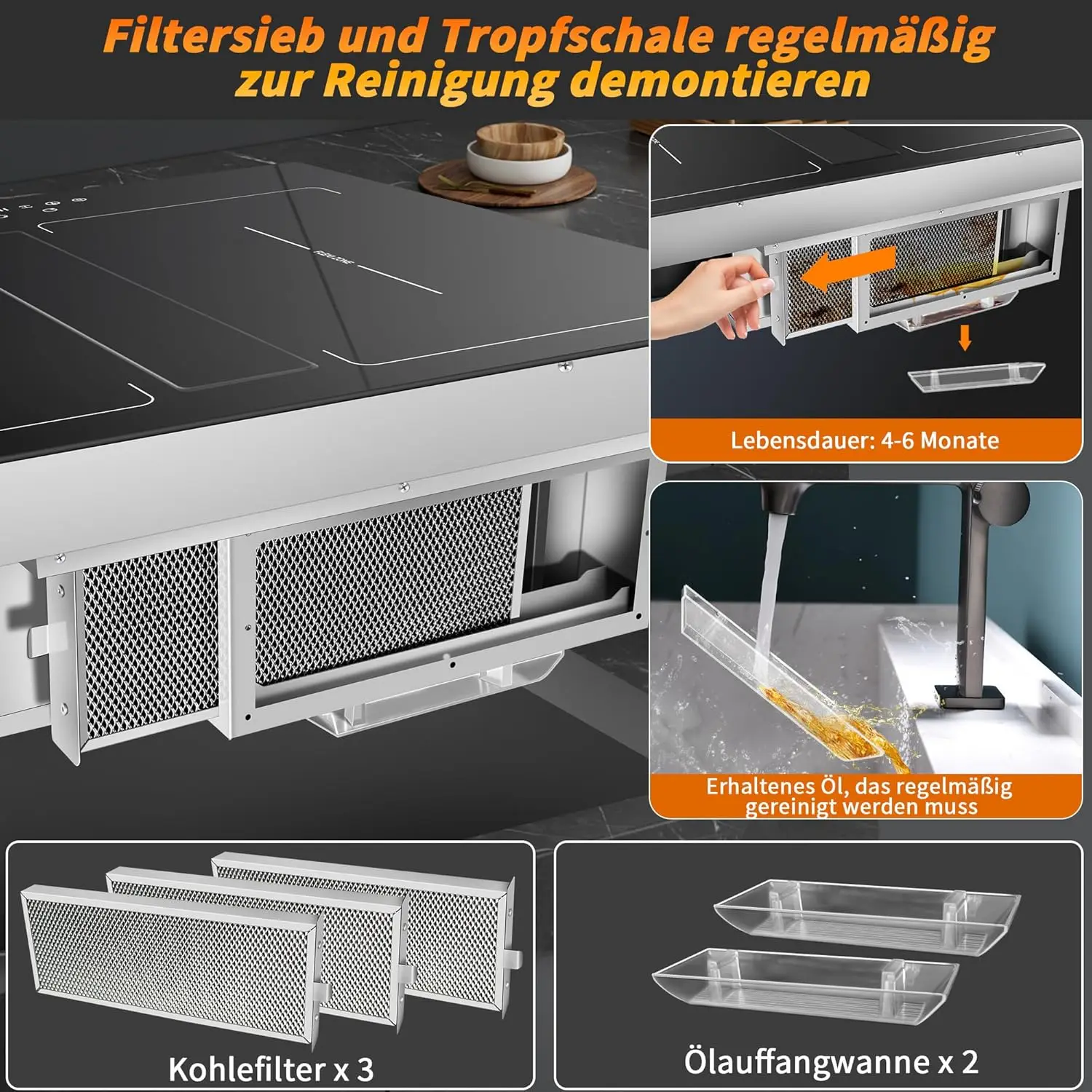 موقد Karinear التعريفي ذو 4 مناطق فليكس مع مستخرج (غطاء مستخرج 145 وات)، مدمج 60 سم، مؤقت، دفعة، توقف، 7200 وات، بدون قابس #6