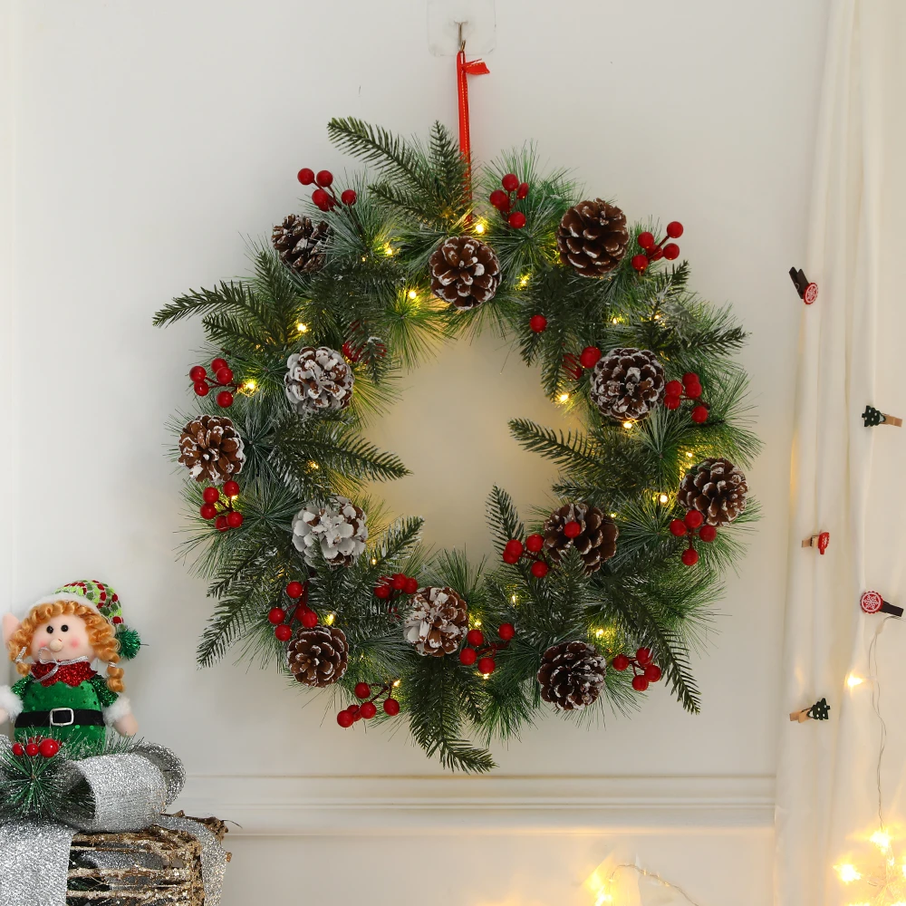 

Christmas Wreath with LED Lights Front Door Hanging Ornaments Artificial Garland for Xmsa Decor Holiday Party Supplies Navidad
