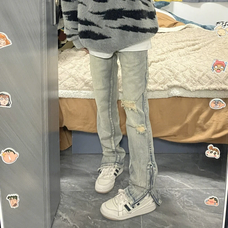 

American High Street Yellow Clay Dyed Denim Jeans Men Women Hiphop Zipper Slit Hole Pants Slim Straight Micro Flared Pants