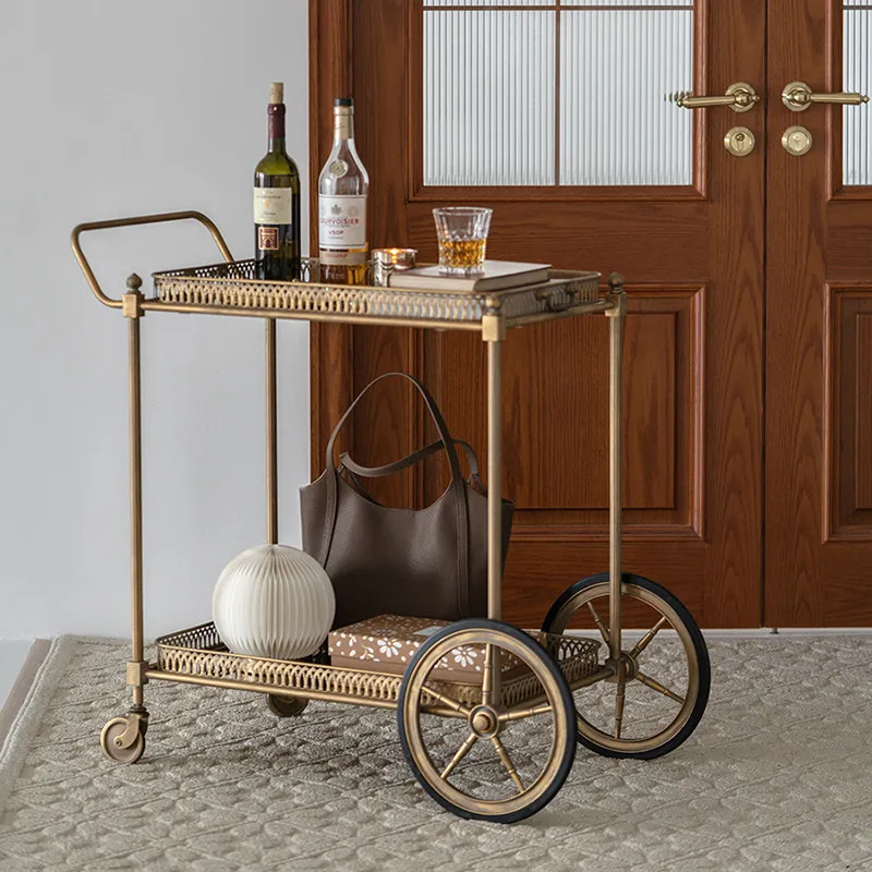 Retro French four-wheel wrought iron glass storage rack mobile cart sofa side table light luxury living room rack dining car