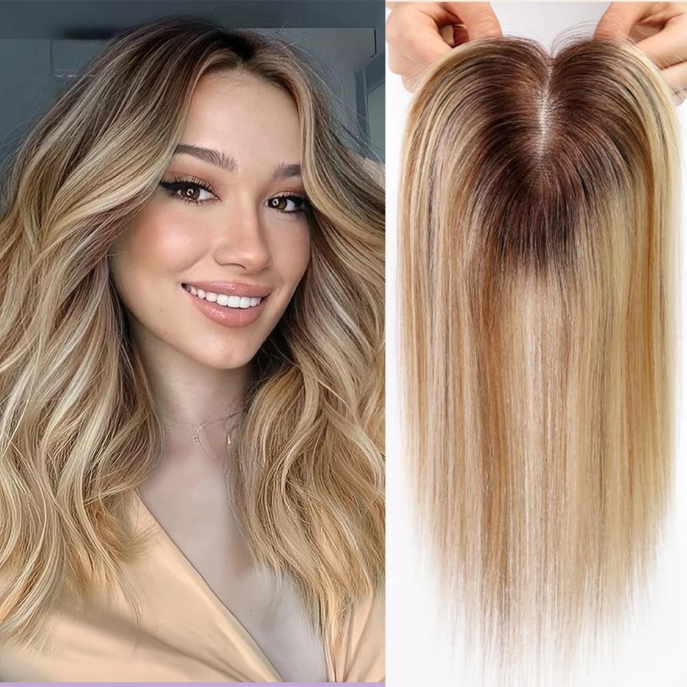 Golden Blonde Mixed 100% Remy Human Hair Toppers Dark Root Lace Base Clips In 14 Inches Straight Hair Extensions for Women Daily