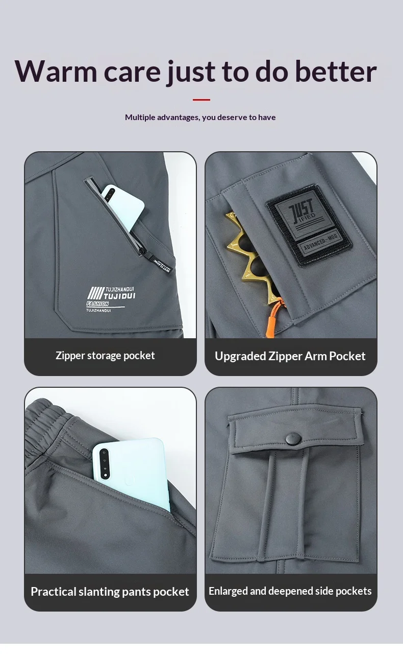 Unisex Fleece-gefütterter Wind- und Wasserdichter Herbst-Winter-Outdoor-Kletteranzug Taktische Arbeitskleidung Zweiteiliges Set für Männer und Frauen – Detail 10