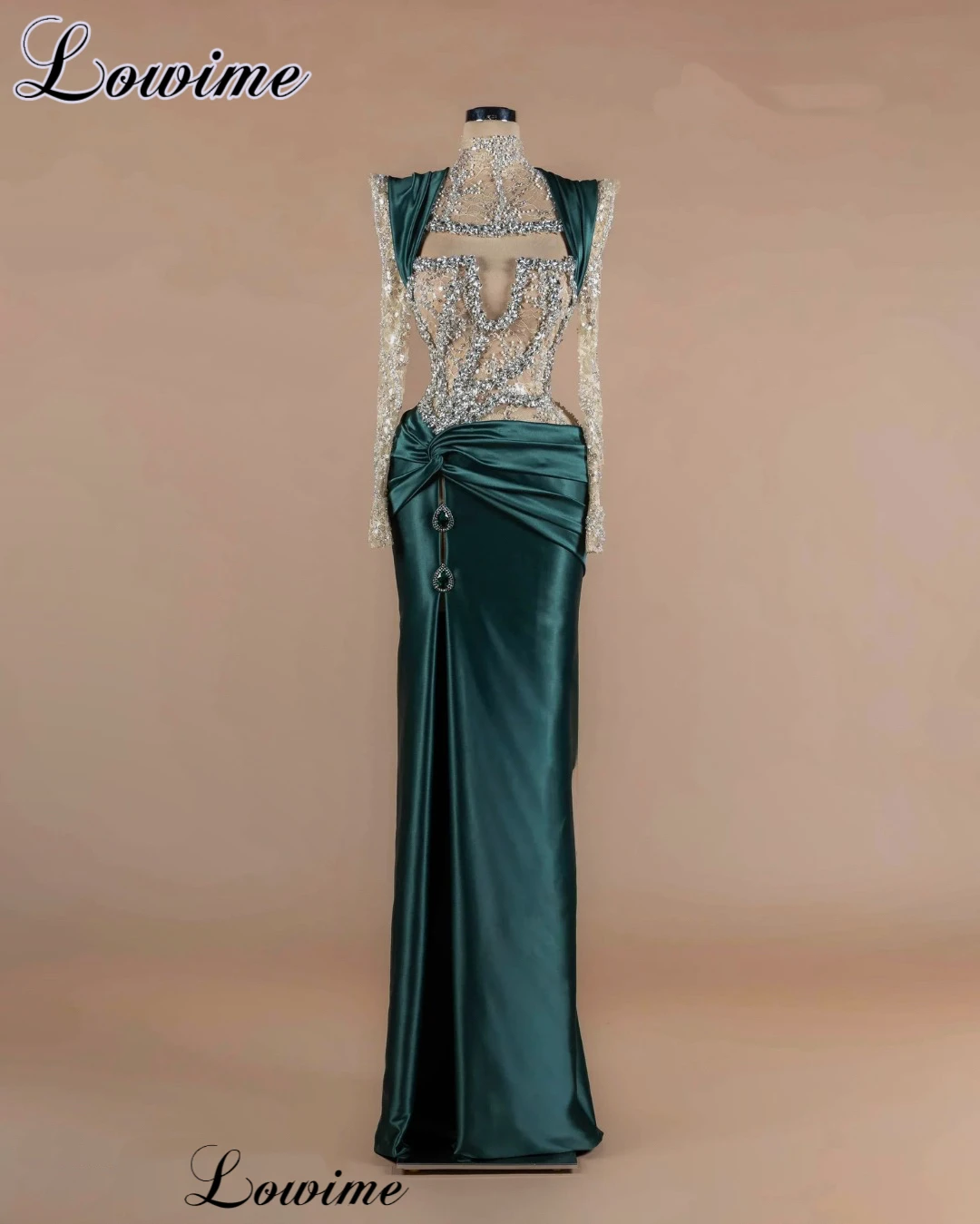 Simple Green Evening Dresses Elegant Long Sleeves Women's Prom Dresses With Crystals Celebrity Dresses Robe De Soirée Customized