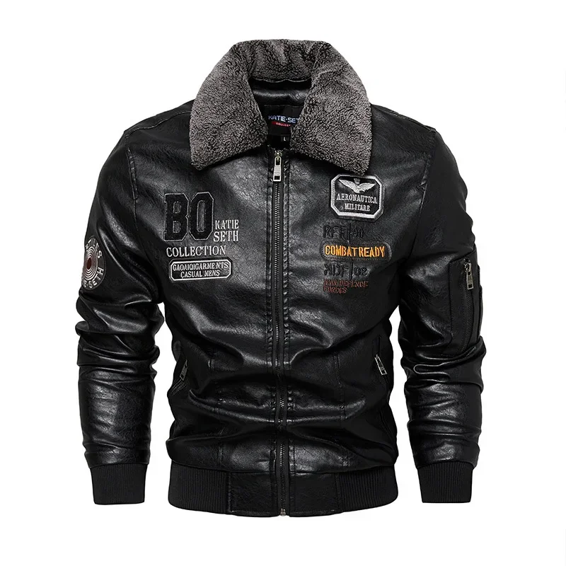 Men\'s Winter Leather Jacket Windproof Fashionable Motorcycle PU Jacket Coat Faux Leather Pockets Outwear Fleece Thick Warm Parka