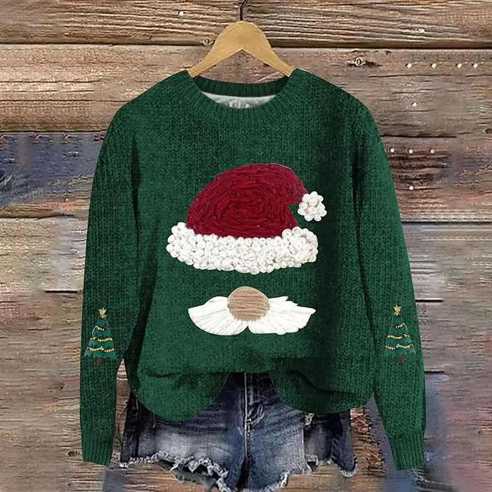 Women Sweatshirt 3D Santa Hat Round Neck Sweater Loose Thick Pulliver Knitted New Year Winter Top Keep Warm School Sweatshirt