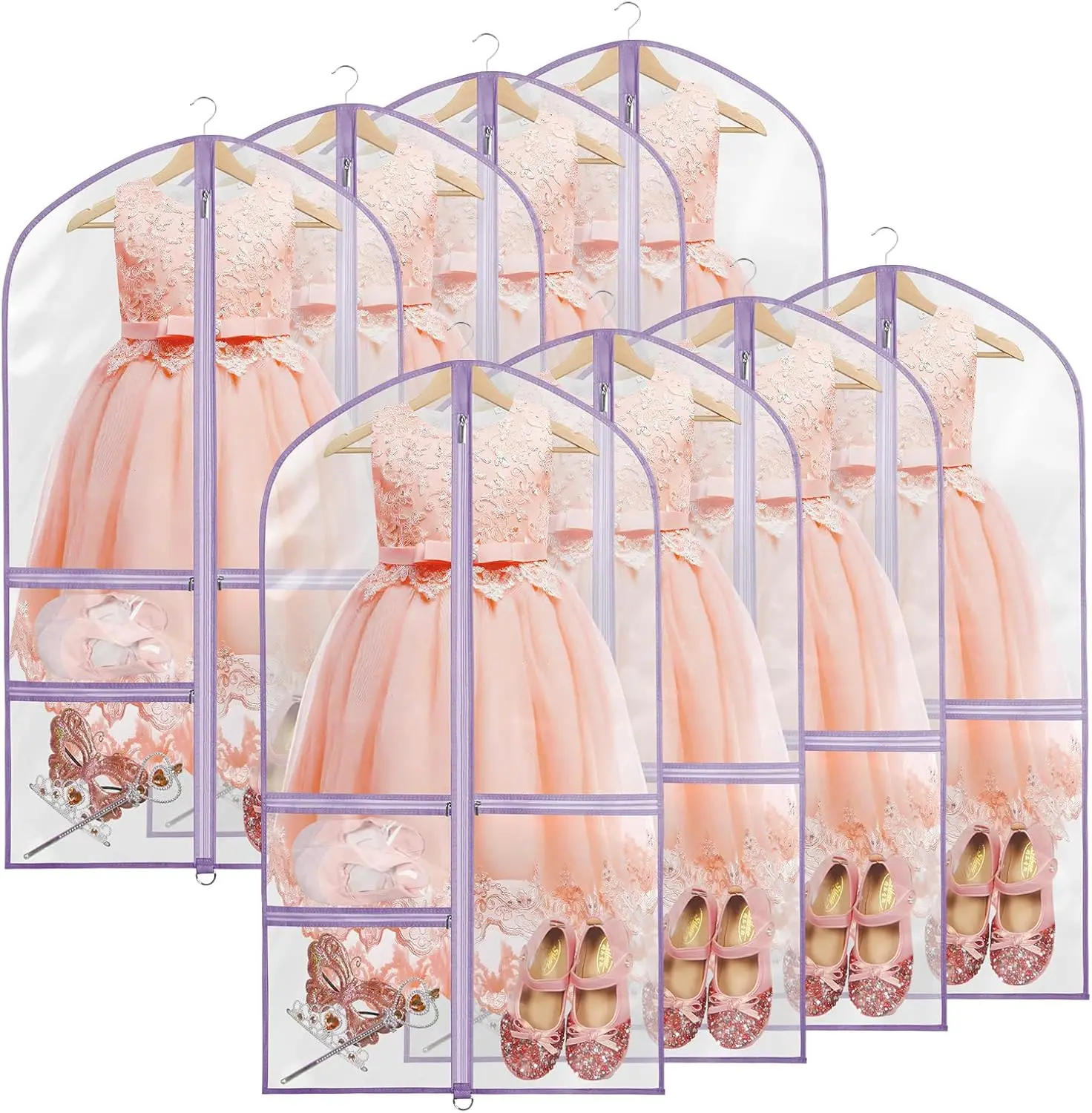 

Clear PVC Dance Garment Bag Set of 8 with 3 Zipper Pockets for Kids Travel and Competitions
