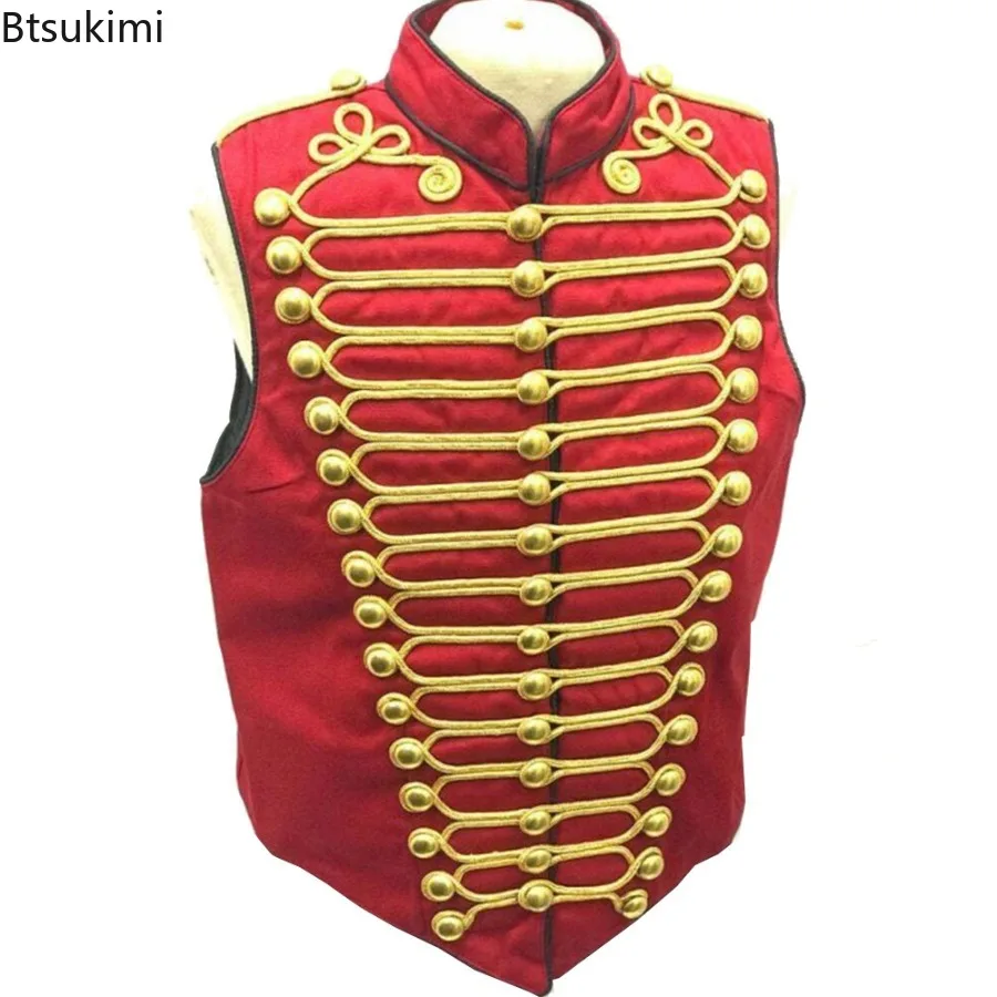 Männer Mittelalter Weste Cosplay Rock Band Rote Wildleder Jacke Punk Militär Schlagzeuger Ärmellose Parade Weste Soldat Schlagzeuger Bühnenkostüm