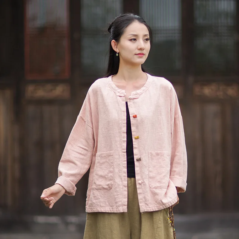 

Autumn New Chinese Style Linen Shirt with Contrast Frogs