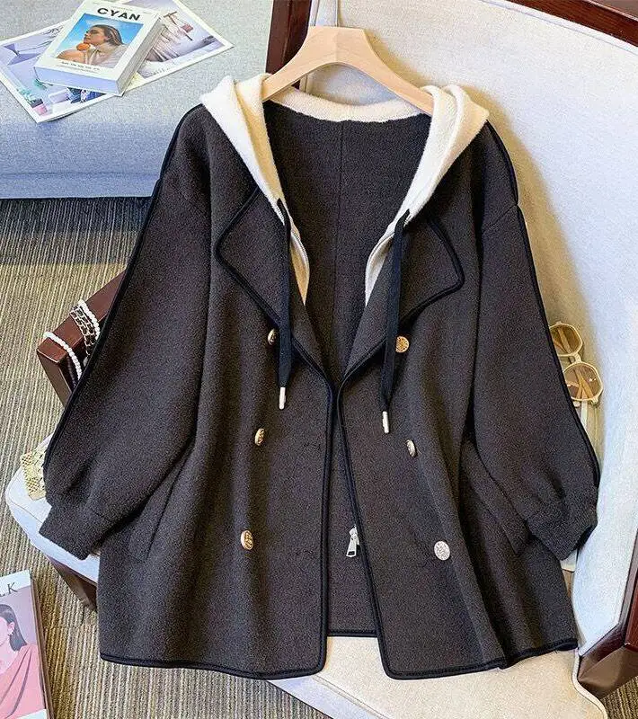 

Wool Blend Coats Womens Woolen Coat Blue Winter Plaid Buttoned Double-Layer Pocketed Drop Shoulder Flared Bell Sleeves Overcoats