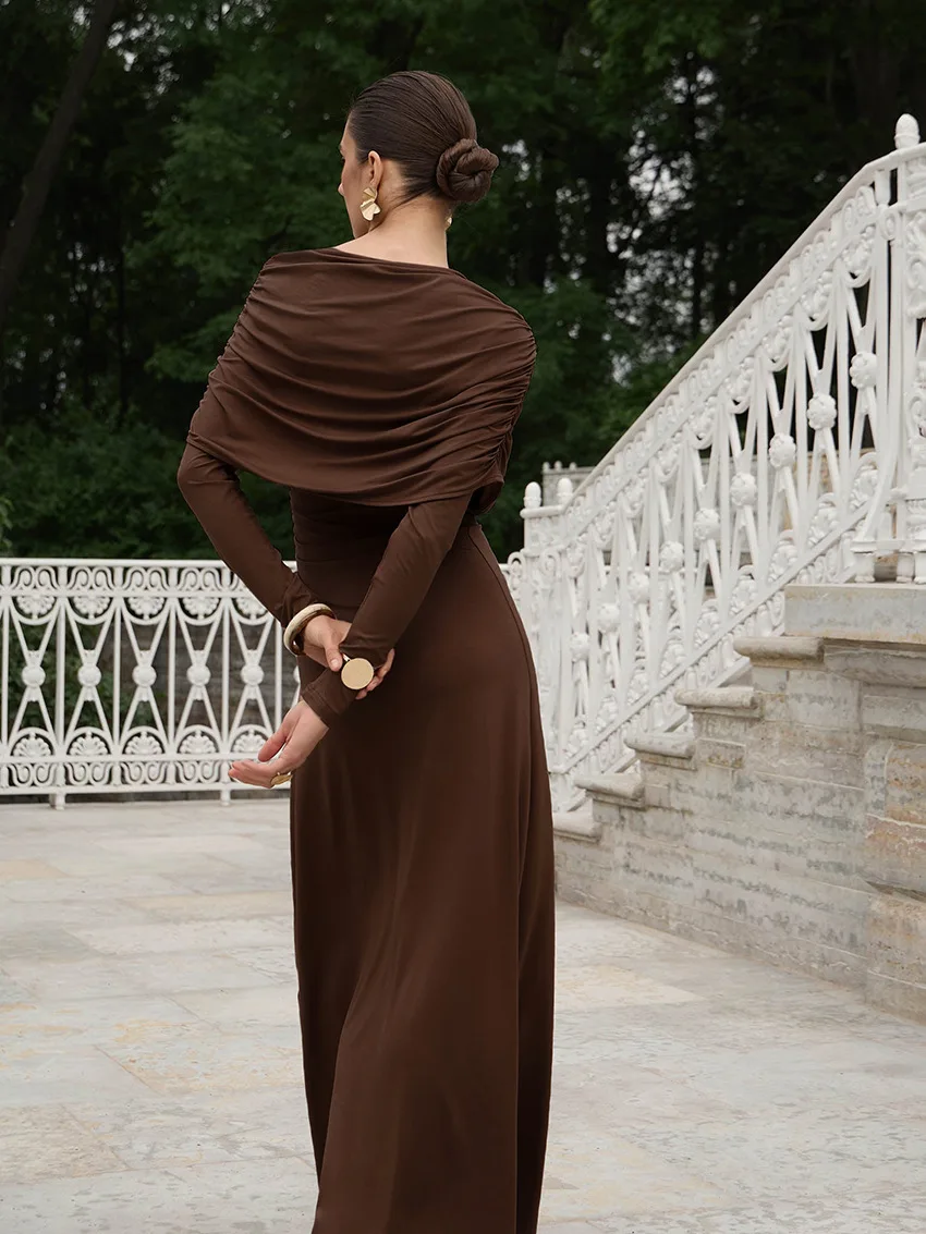 BKLD Autumn Winter Fashion Elegant Party Dress Long Sleeve Solid Color Tight Fitting Commuter Asymmetrical Neck Dress For Women