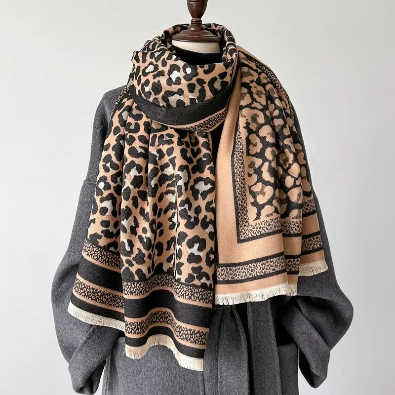 Winter Sexy Leopard Dot Cashmere Scarf Lady Soft Pashmina Shawls Warm Blanket Wraps Female Foulards Bandana Thick Hijab 190*70Cm