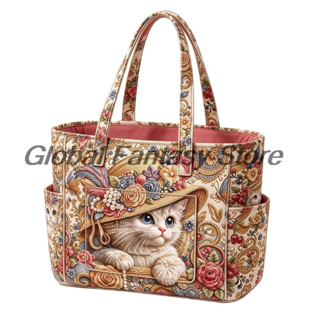 Charming Cat Quilted Tote Bag Cute Kitten Floral Print Multiple Pockets Shoulder Handbag Women Daily Shopping Bags