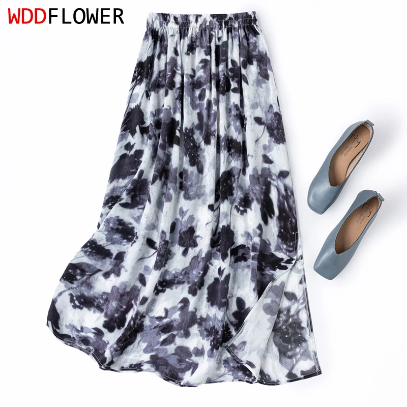 100% Mulberry Silk 16 Momme Crepe Silk Black Gray Ink Printed Side-slit Women Midi Skirt Summer M1678