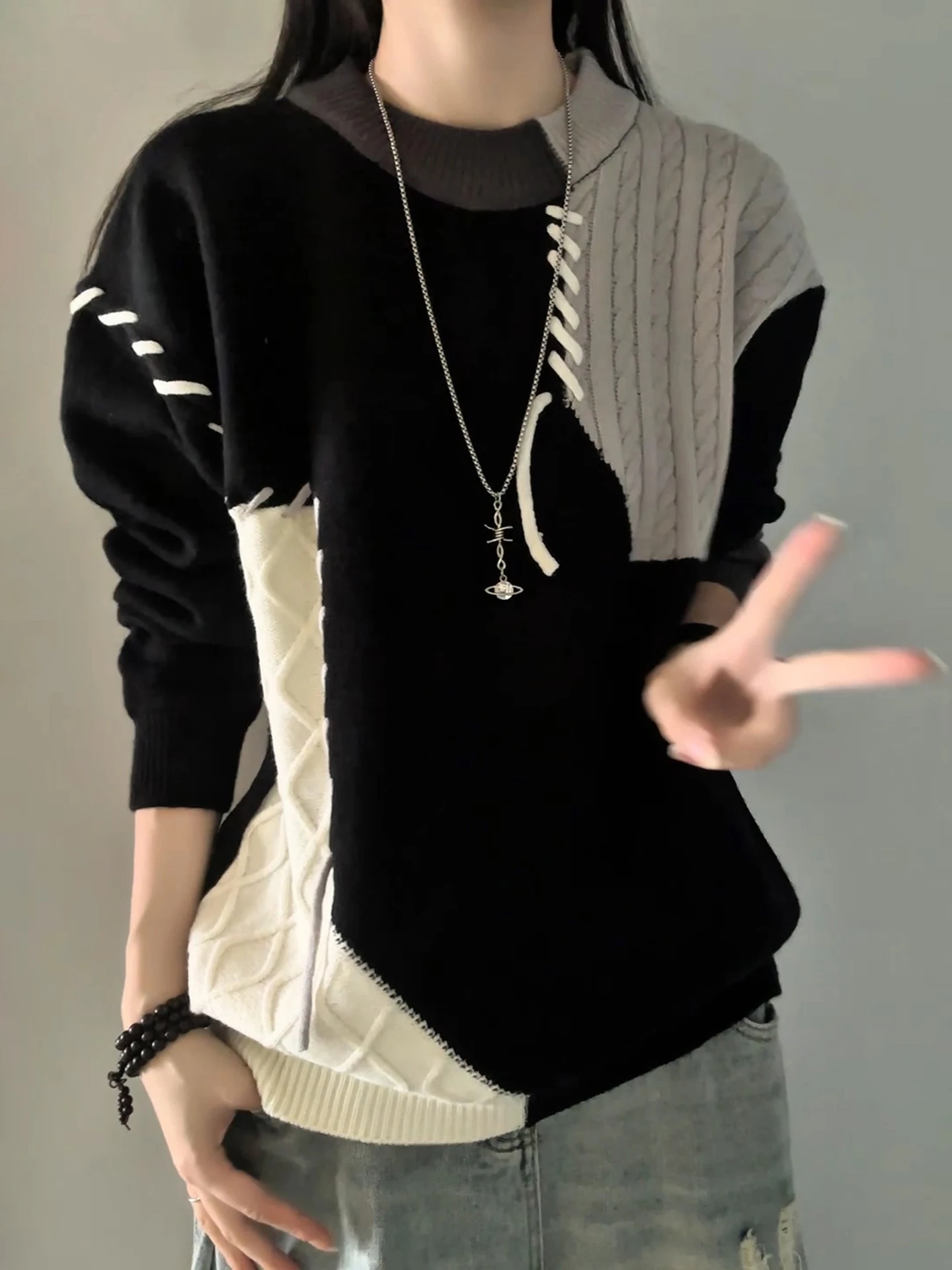 

Мужской вязаный свитер American Style Color Block из утолщенного флиса, свободного кроя, удобный, с длинными рукавами и круглым вырезом, для осени и зимы