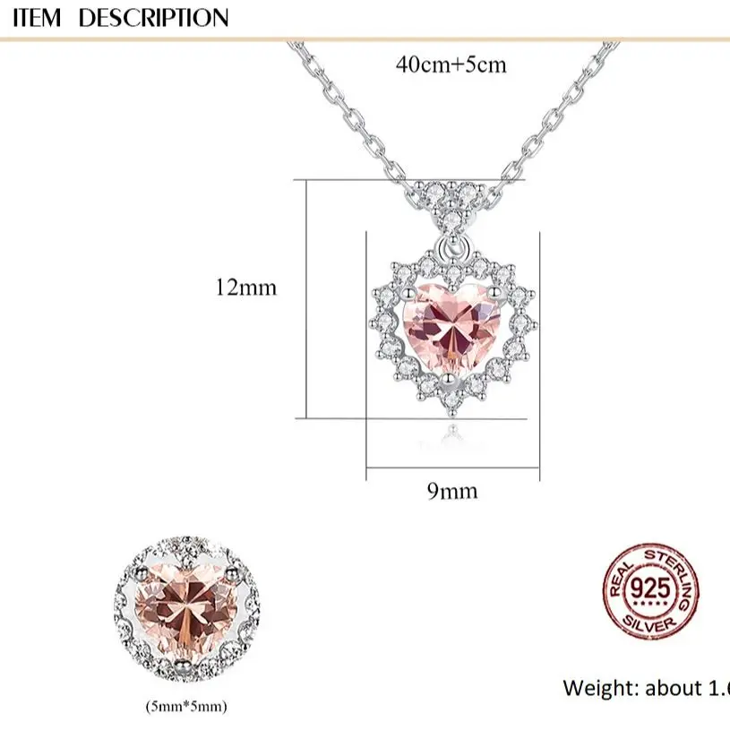 PSJ Fashion Luxury Jewelry Heart Shaped Pink Beryl Pendant Collar Chain 925 Sterling Silver Necklaces for Women Wedding