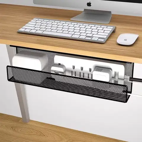 Black White Iron No-Punch Under Table Storage Shelf, Cable Management Rack, Plug Board Storage Fixed Shelf, Tool Organizer