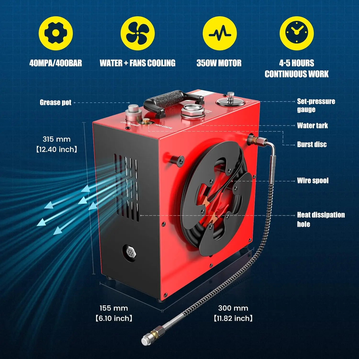 CS4 Portable PCP Air Compressor, 350W Powerful Motor,Max 5800Psi/40Mpa, Water and Fan Cooling, 5 Hours Continous Work, 12V Auto