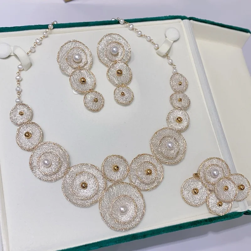 

SGARIT Jewelry Set Natural Pearl Set 14k Filled Gold Necklace Brooches Earrings Ladies' accessories